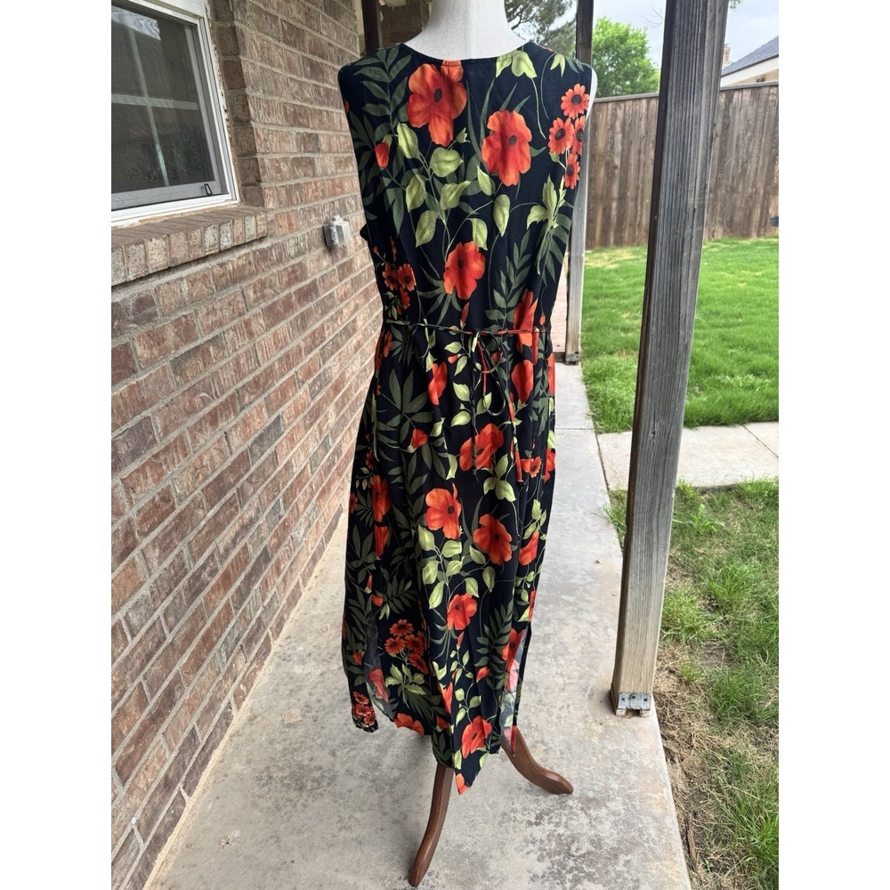 VTG Tropical Hawaiian Dress Maxi 90s Flowey Black Orange Goth Tie Back Boho XL - Picture 5 of 5